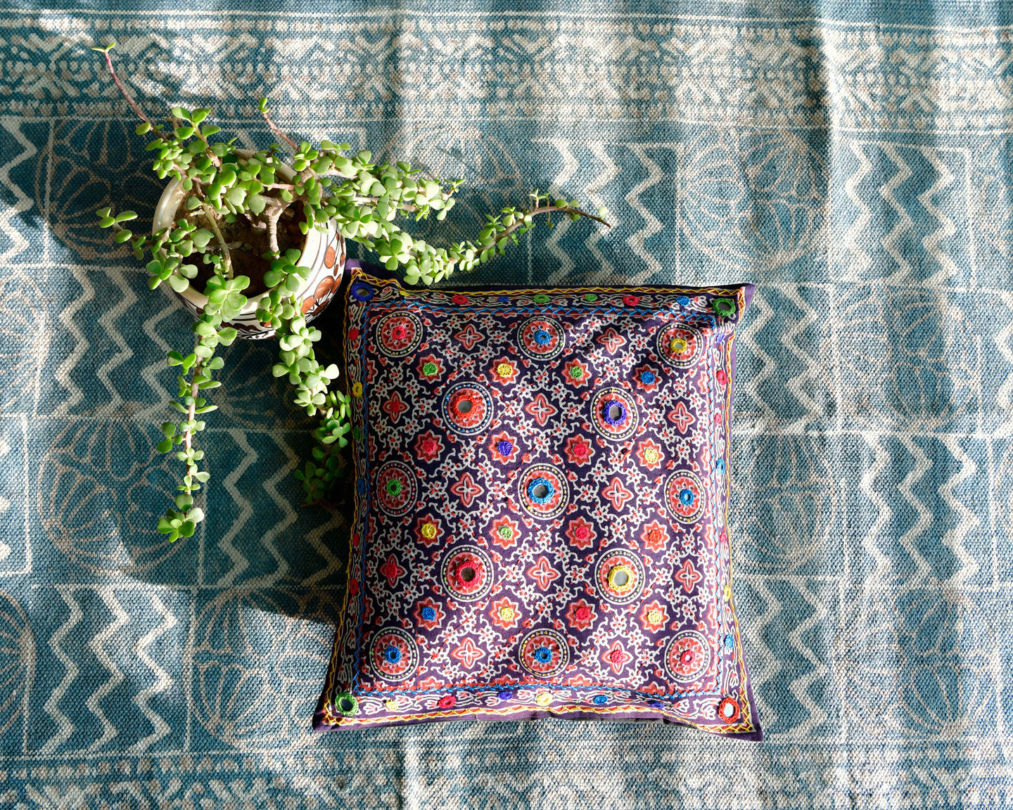 Ajrakh Cushion Cover with Mirror & Hand Embroidery
