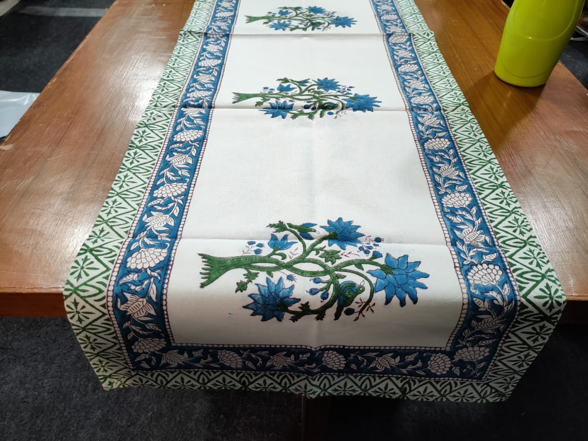 Blue Flower Hand Block Printed Table Runner