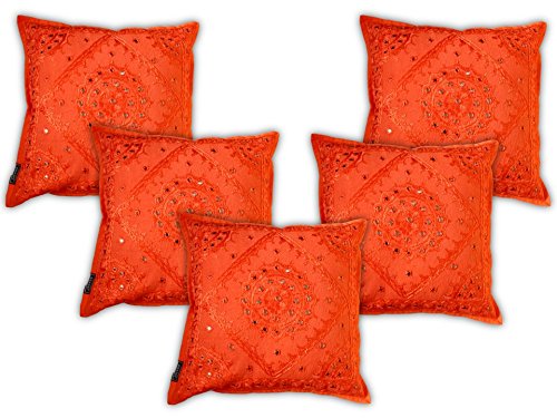 Orange Mirror Work Cushion Cover