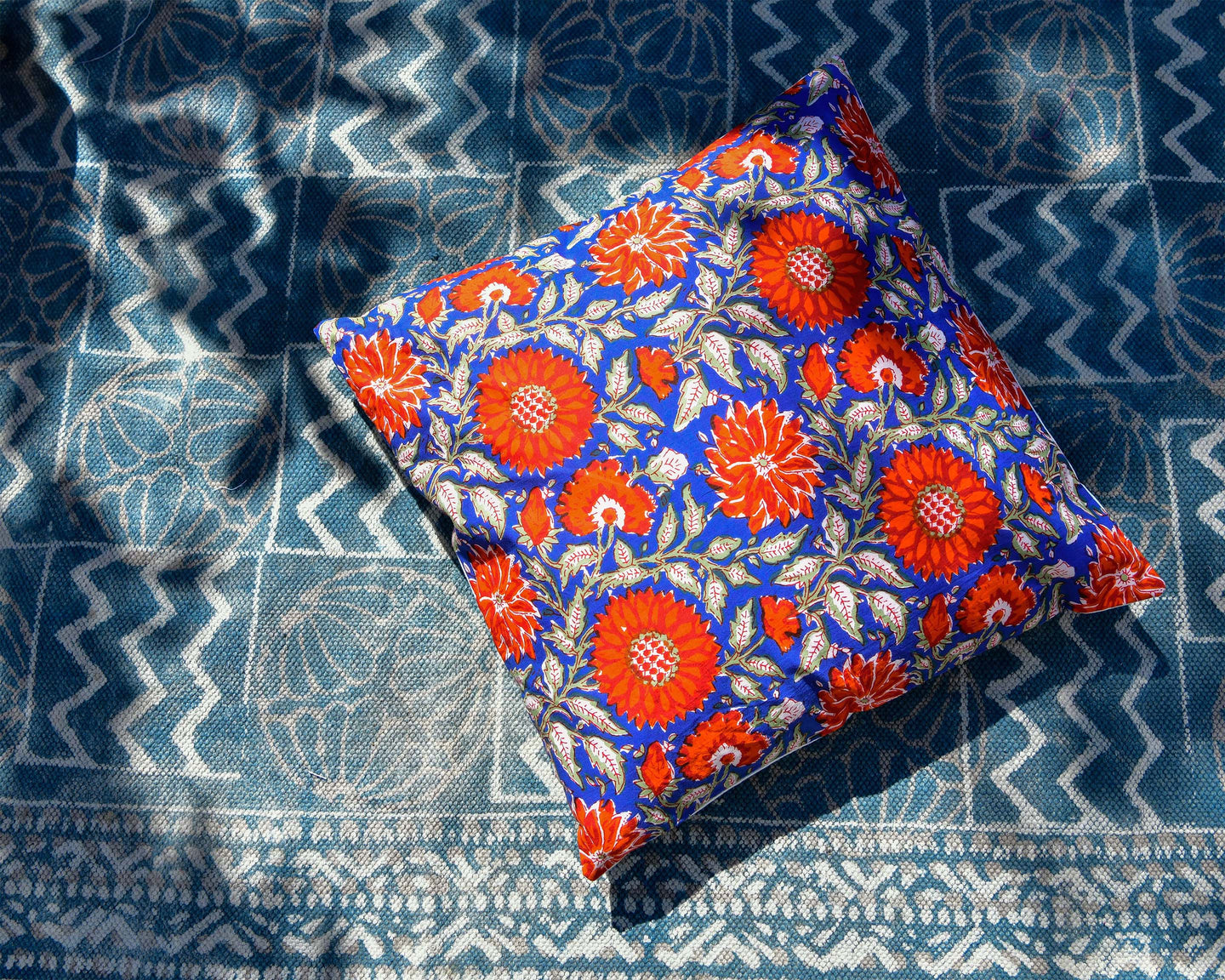 Red Flower Hand Block Printed Cushion Cover
