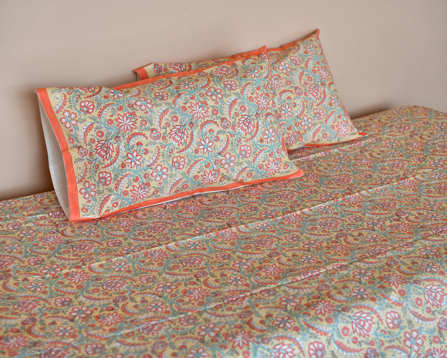 Peach Flower Printed Bedsheet