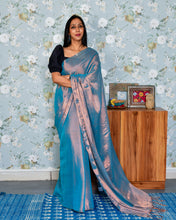 Load image into Gallery viewer, Blue Duel Tone Tissue Saree With Blosue
