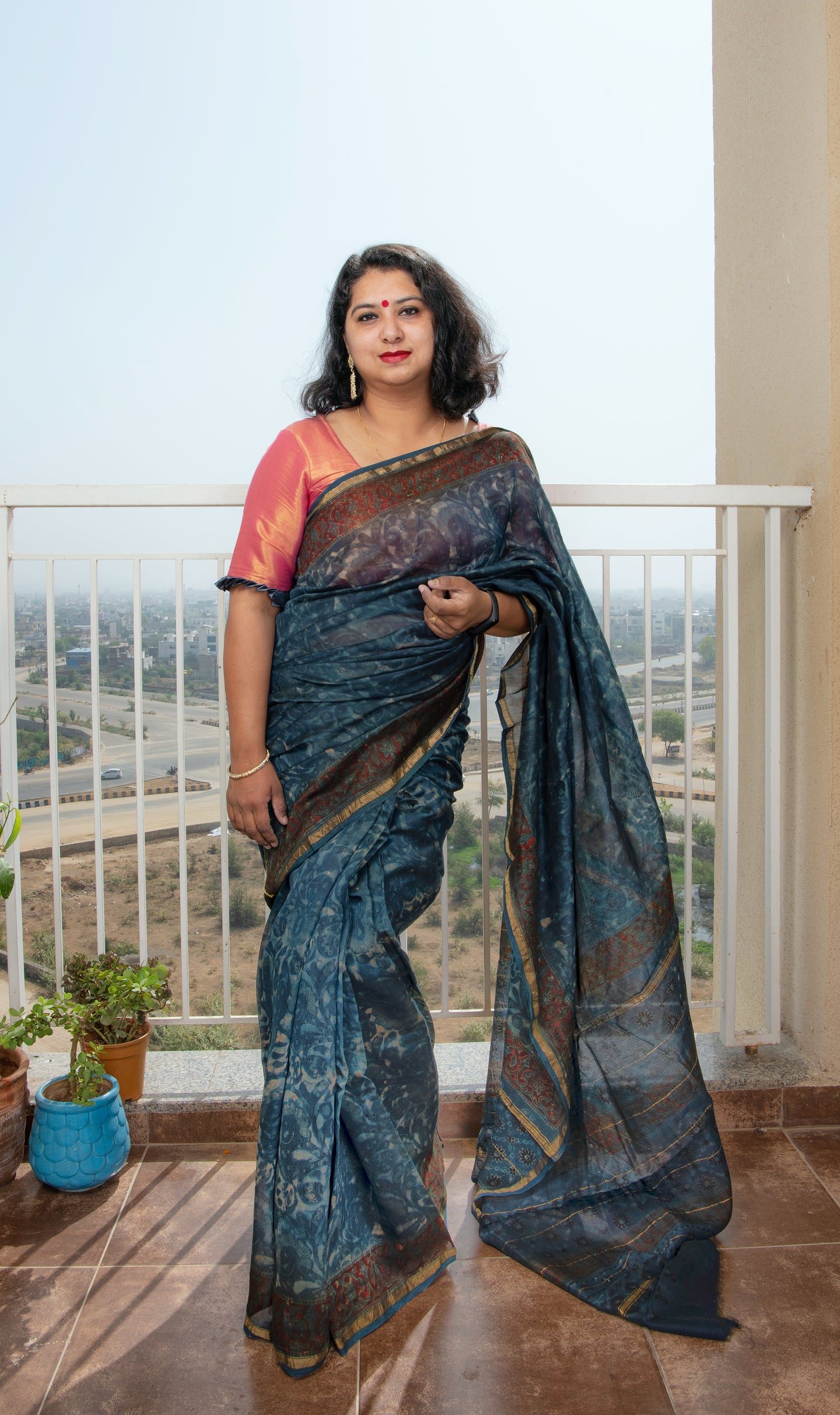 Indigo Block Printed Chanderi Saree