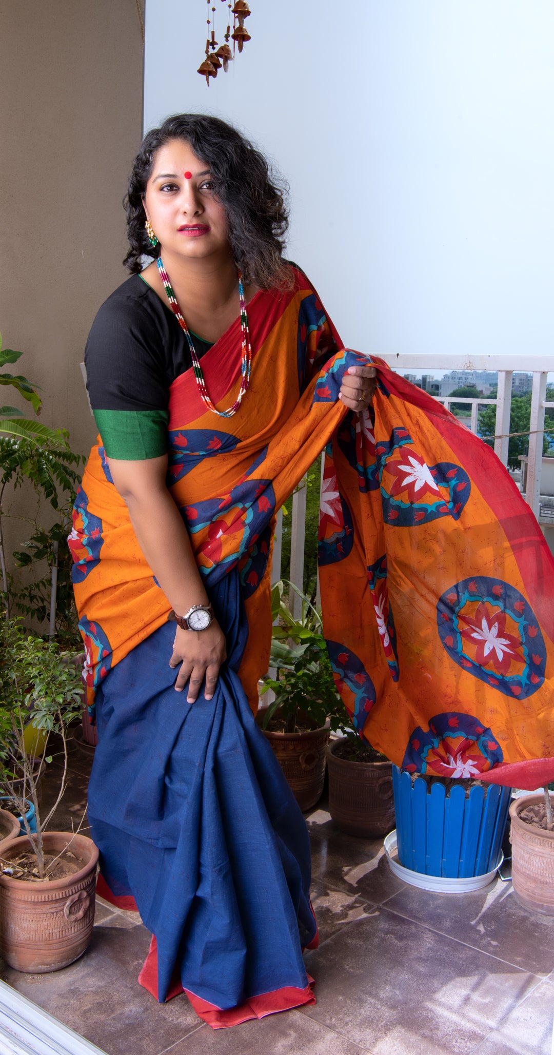 Orange & Blue Mandala Half & Half Saree