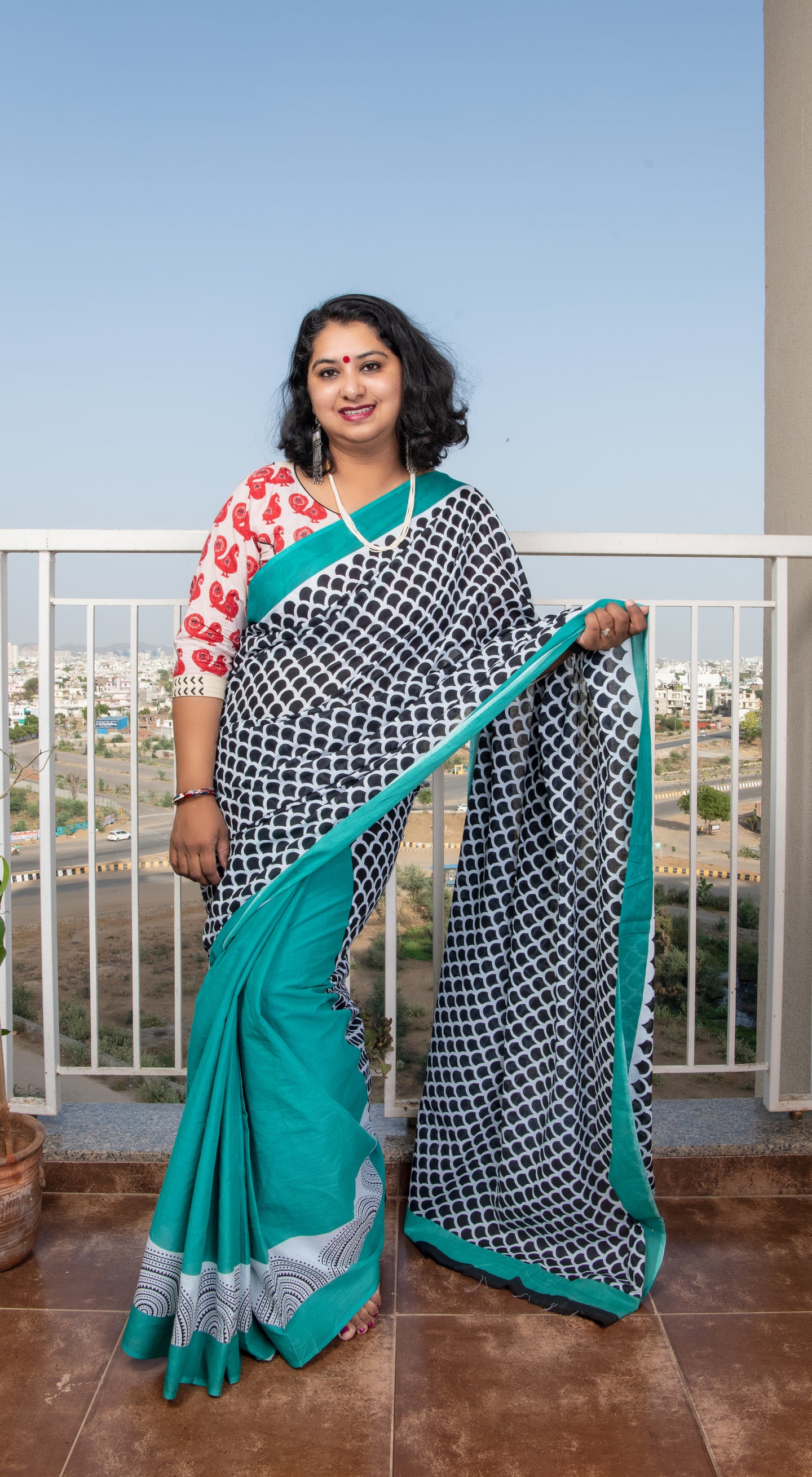 Green & Black Printed Half & Half Saree