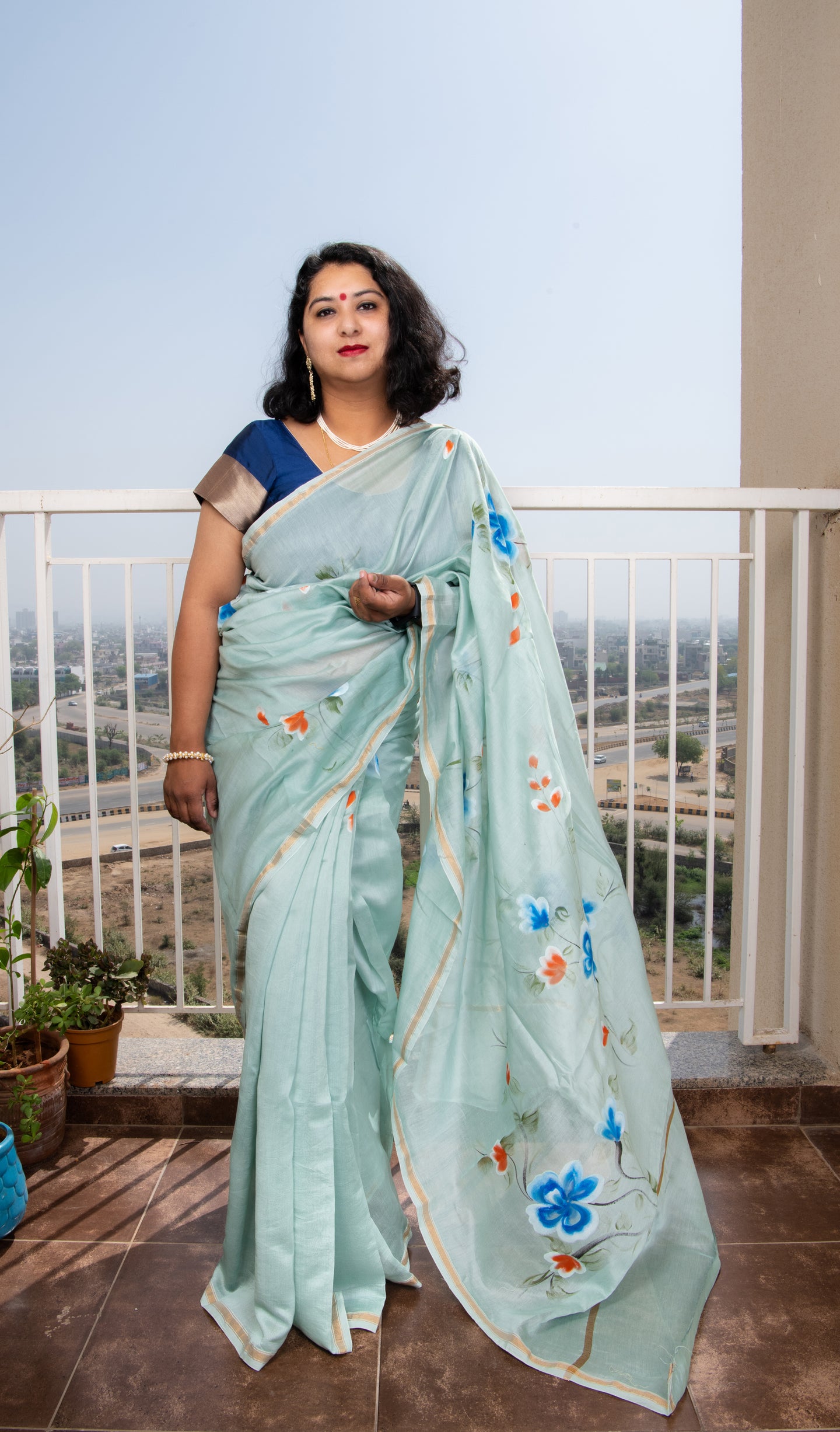 Sky Blue Hand Painted Chanderi Saree