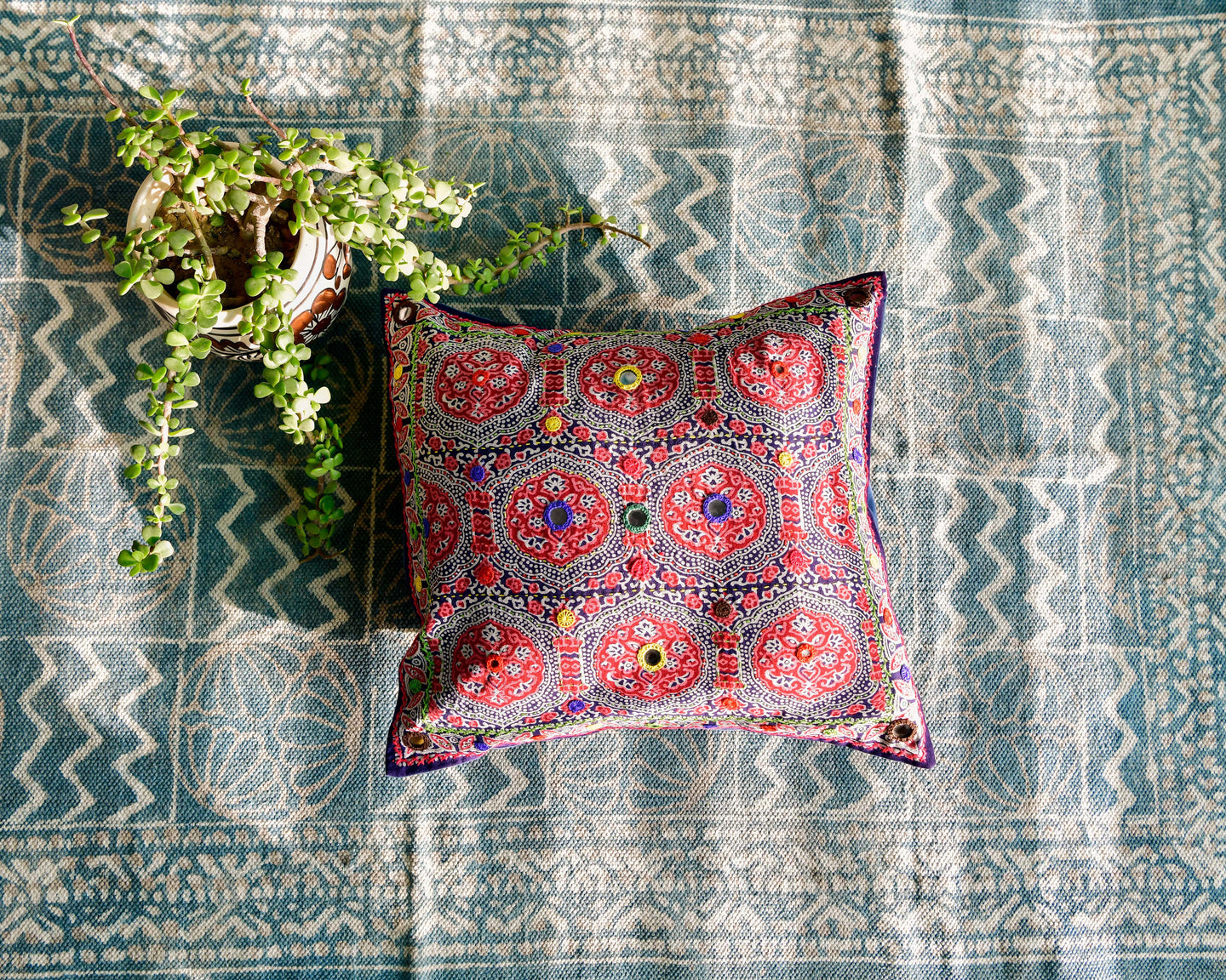 Ajrakh Cushion Cover with Mirror & Hand Embroidery