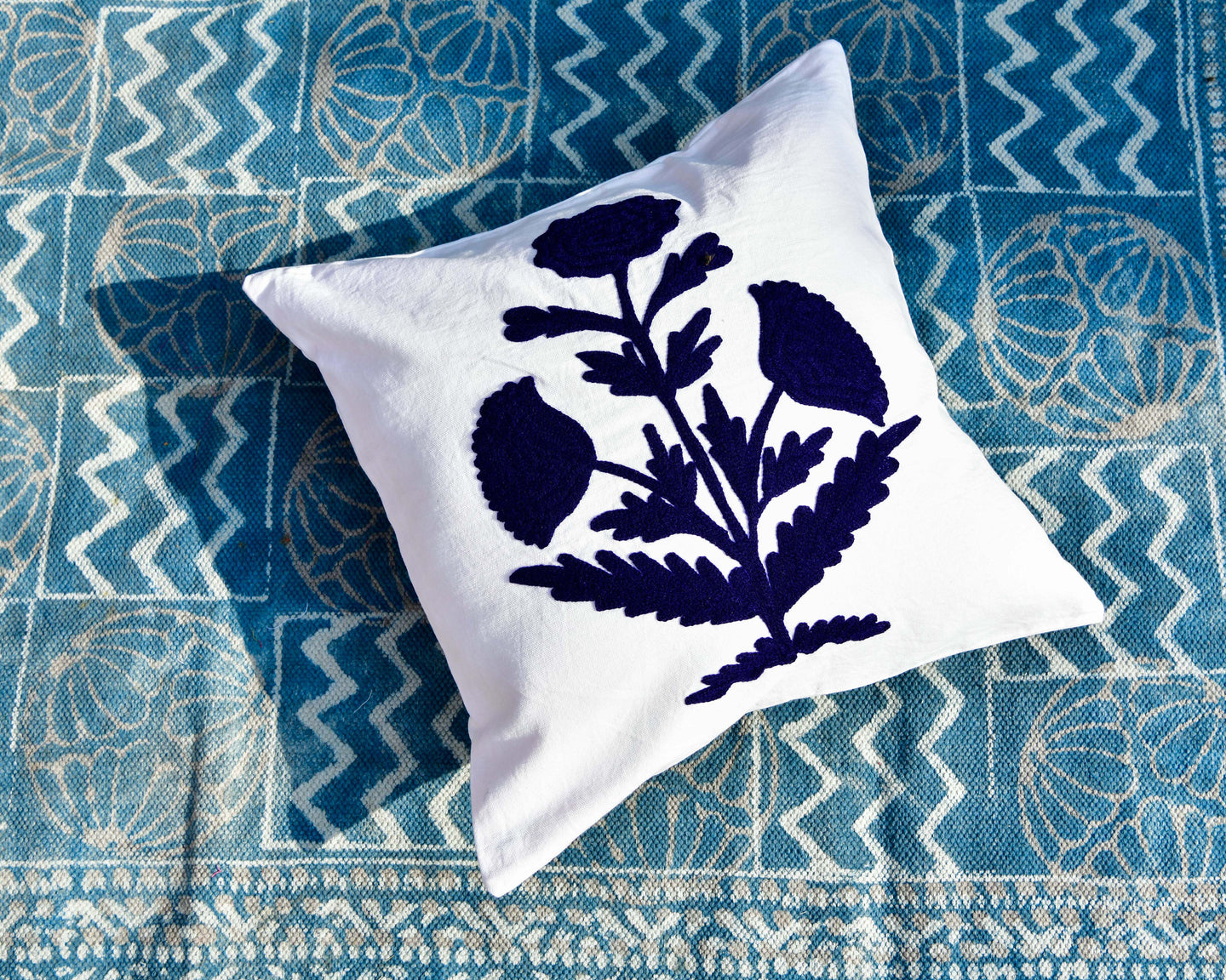 Blue Flower Embroidered Cushion Cover