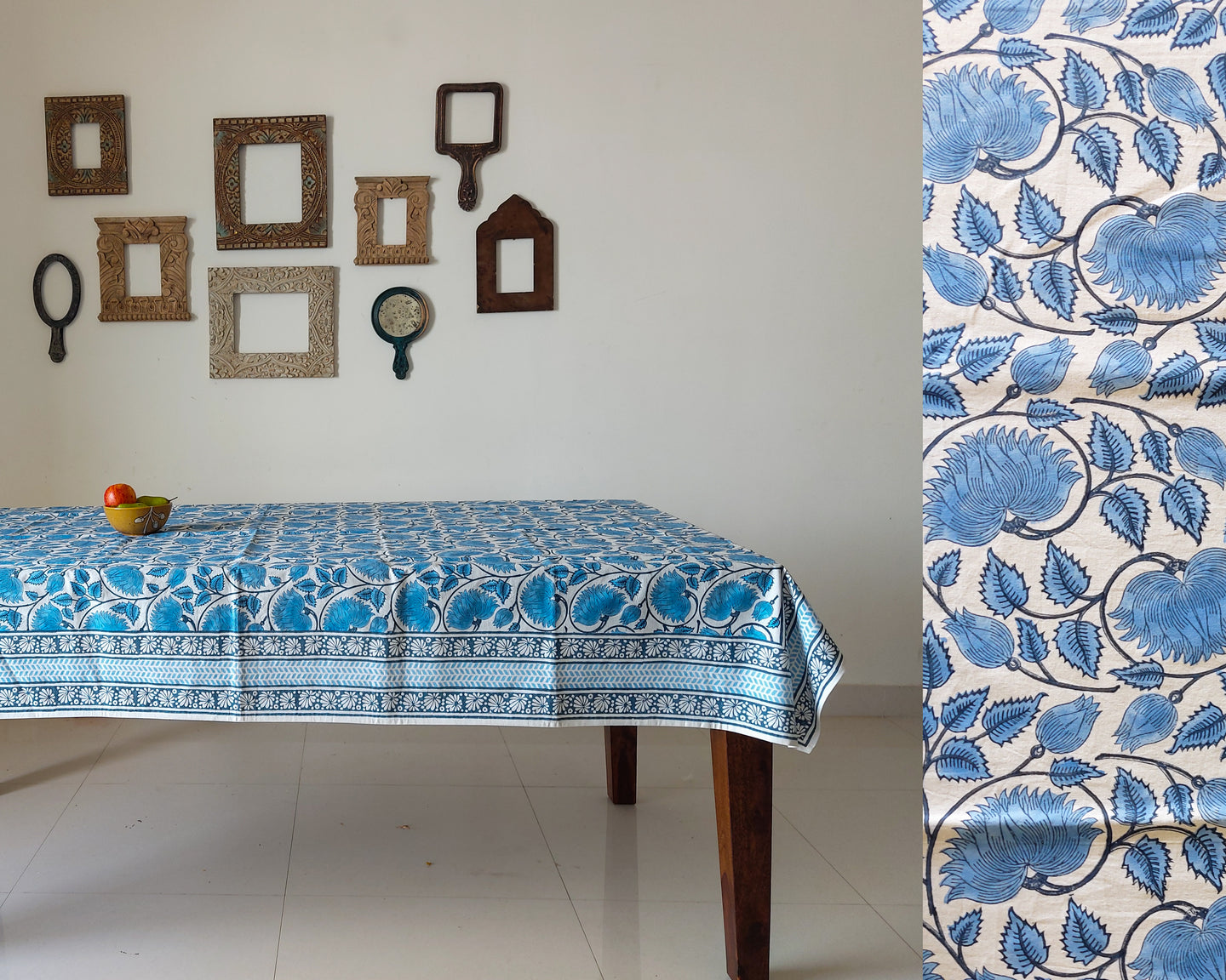Blue Lotus Handblock Printed Cotton Table Cover