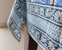 Load image into Gallery viewer, Blue Lotus Handblock Printed Cotton Table Cover
