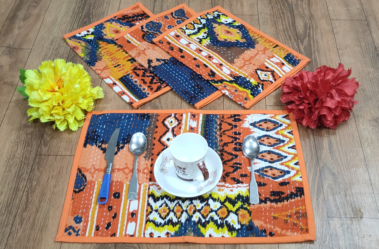 Orange & Blue Kantha Stitch Printed Placemat Set