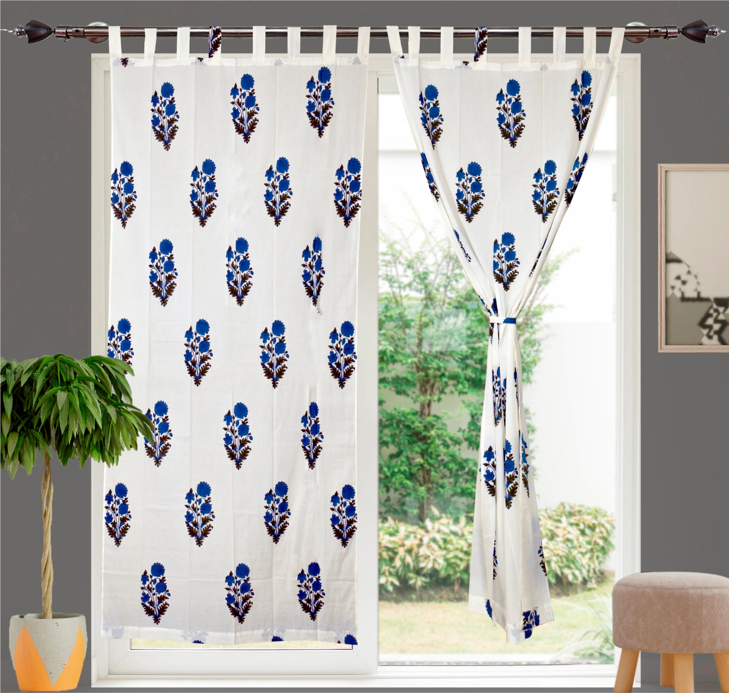 Blue Flower Hand Block Printed Curtain