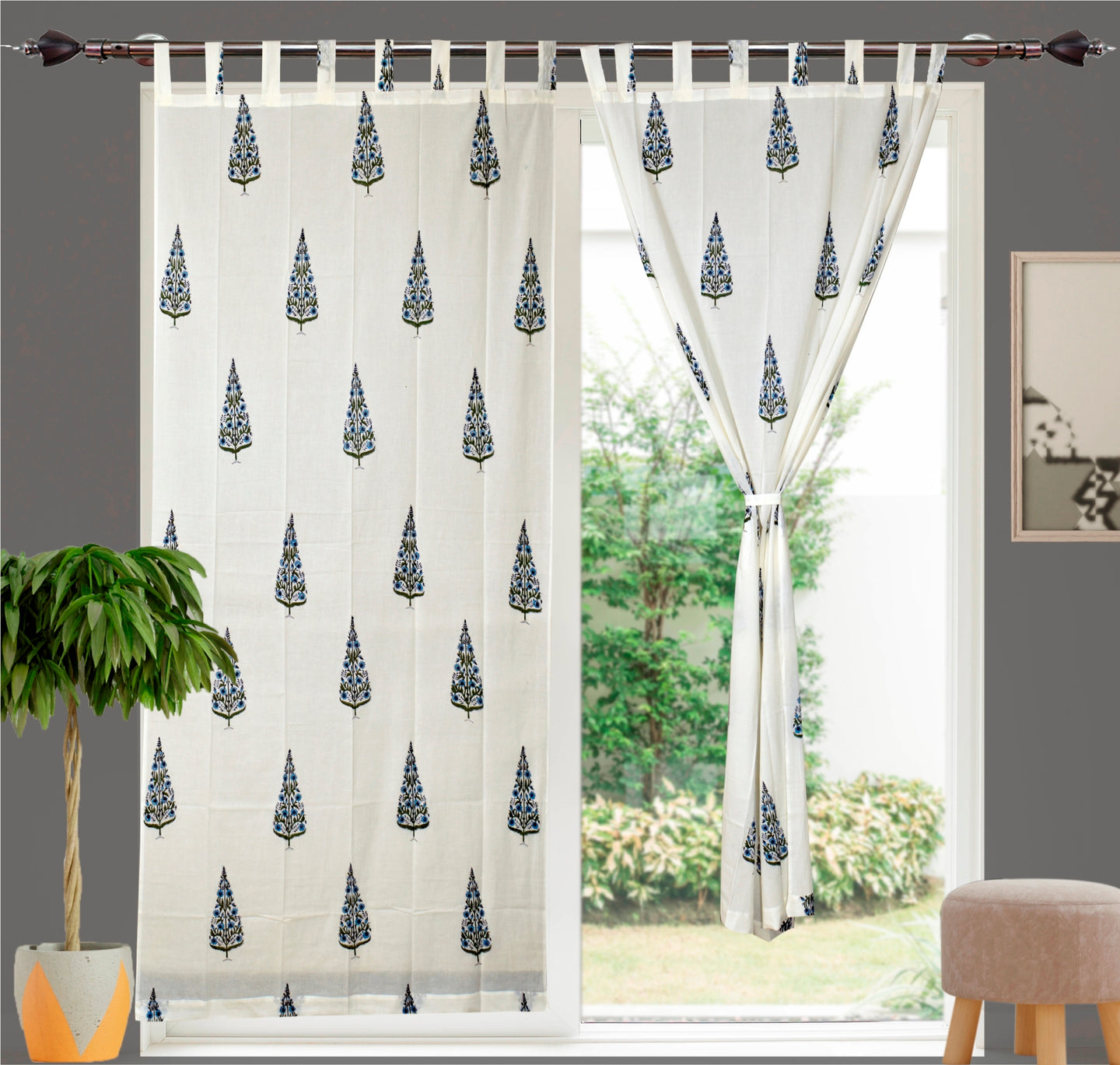 Blue Pine Tree Hand Block Printed Curtain