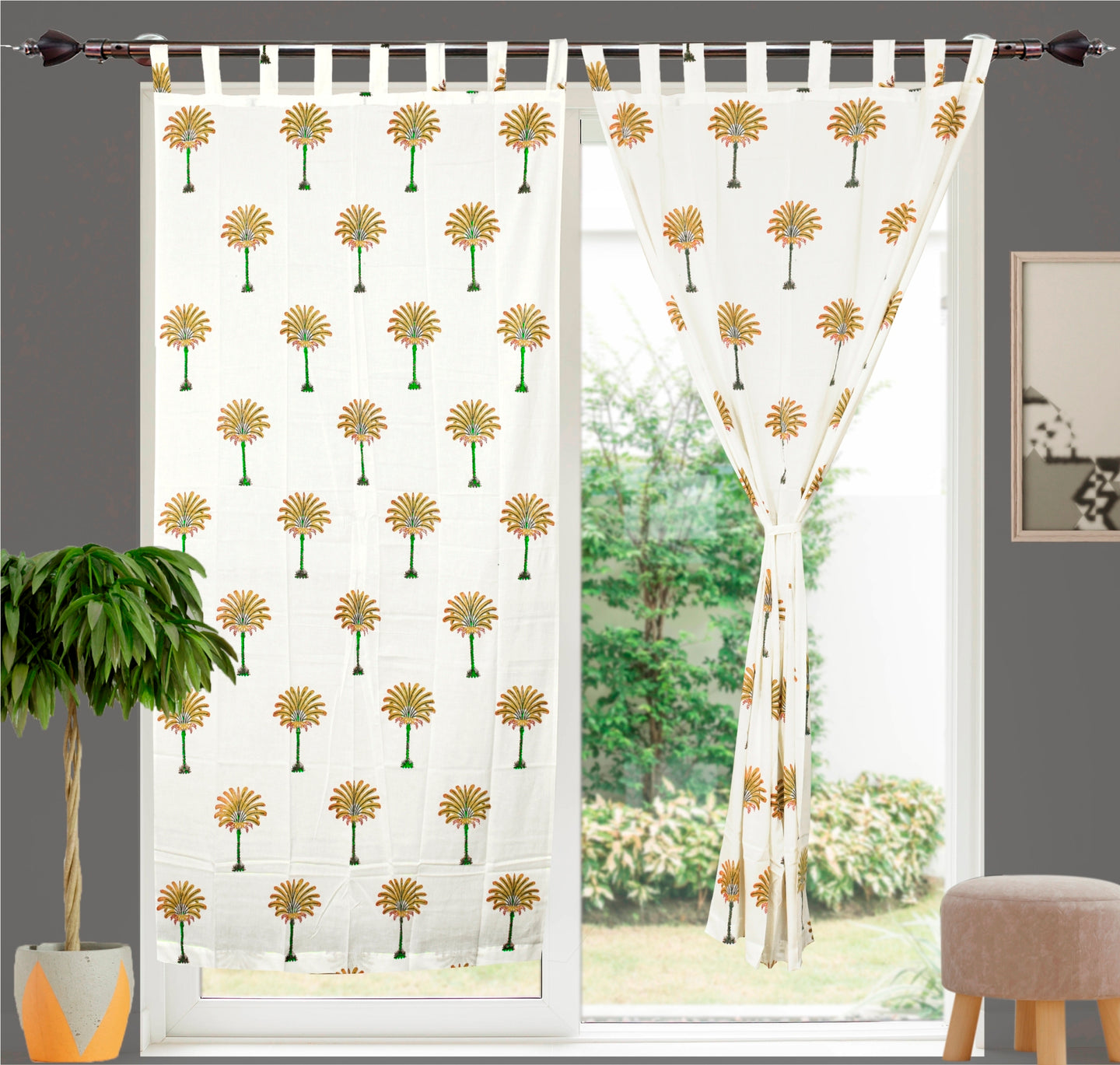 Hand Block Printed Yellow Palm Cotton Curtain