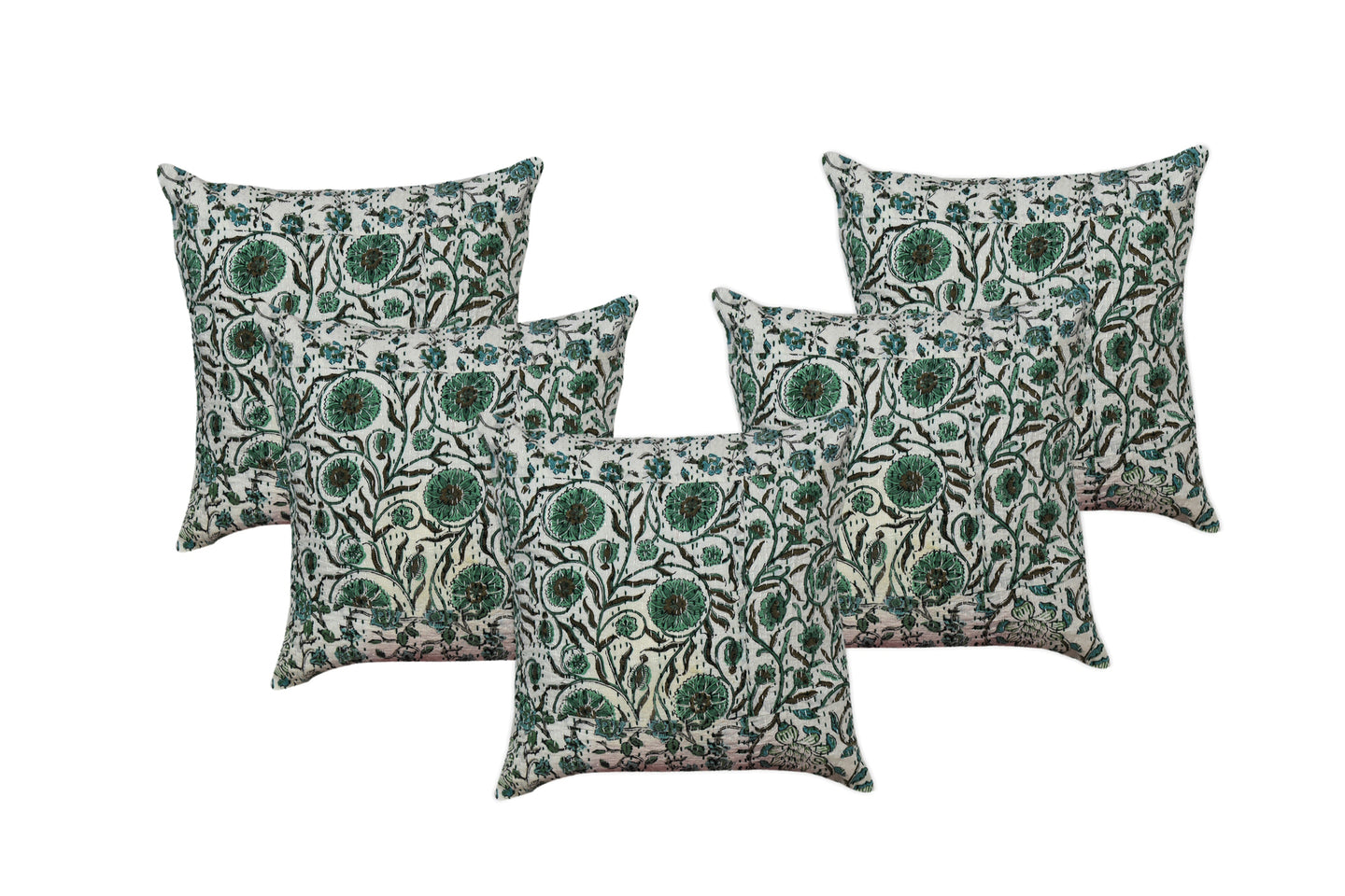Green Flower Kantha Hand Block Printed Cushion Cover