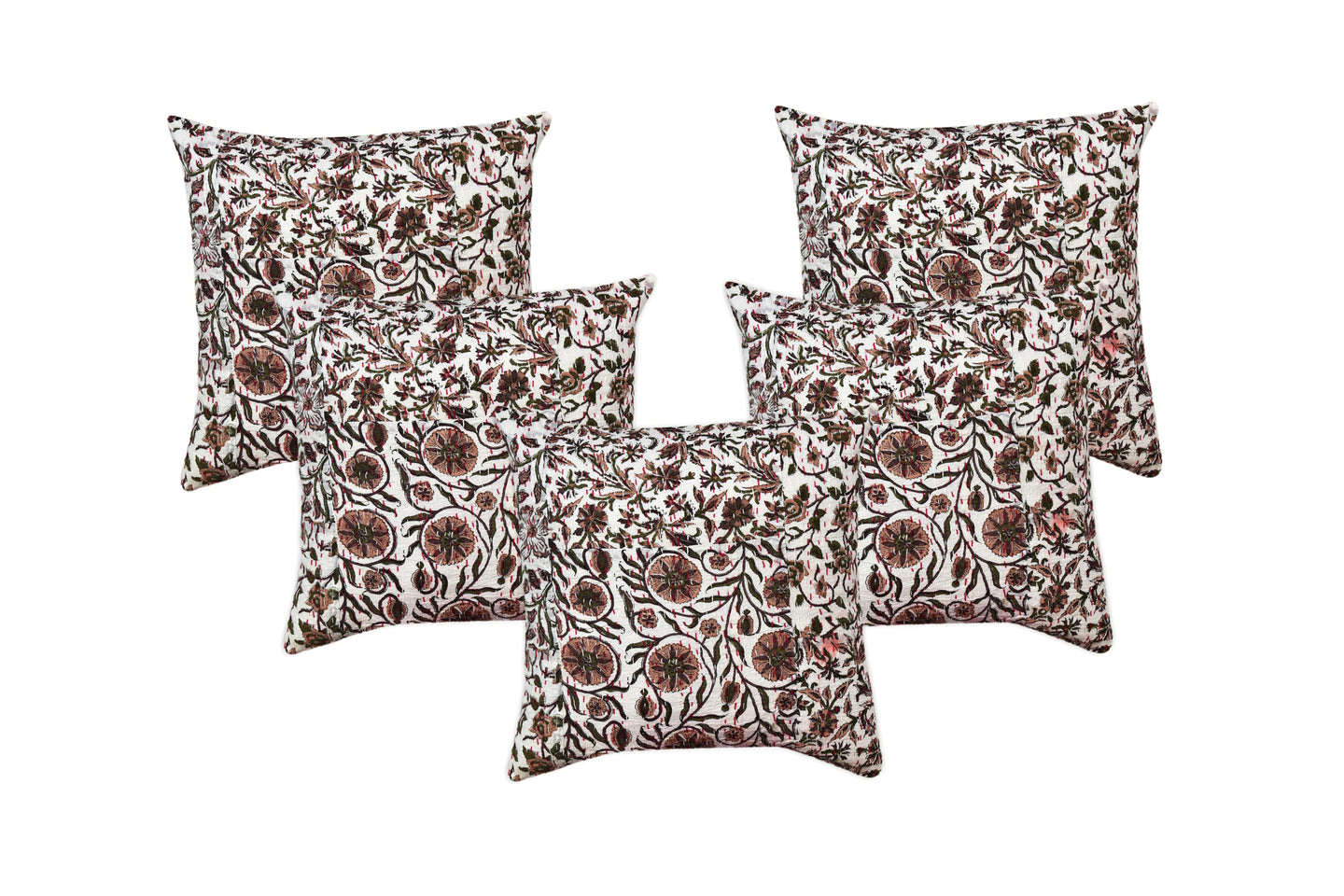Brown Flower Kantha Hand Block Printed Cushion Cover