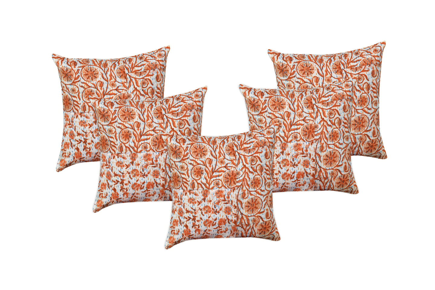 Orange Flower Kantha Hand Block Printed Cushion Cover