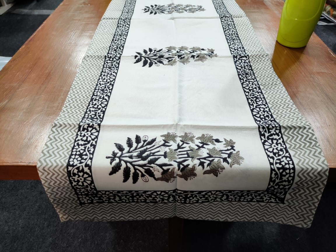 Grey Flower Hand Block Printed Table Runner