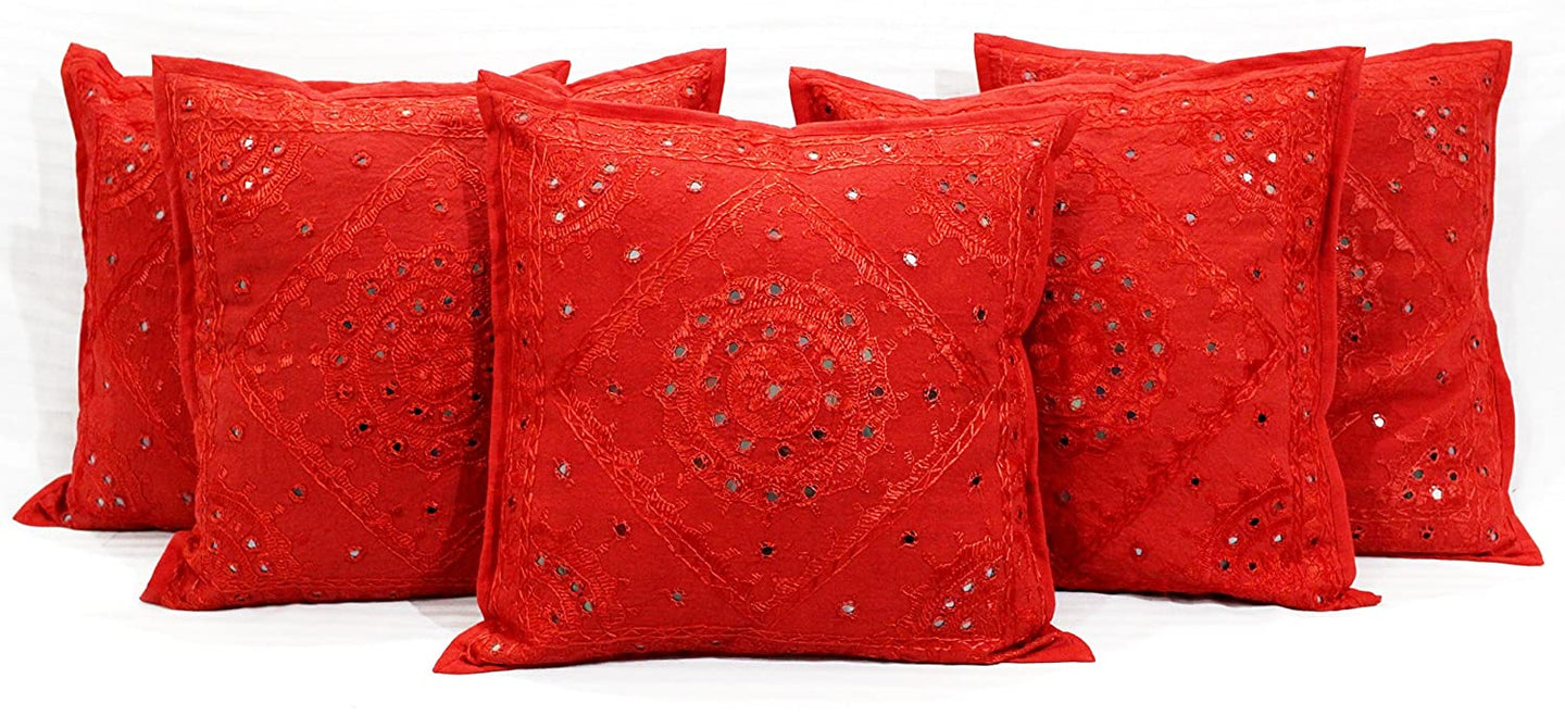 Red Mirror Work Cushion Cover