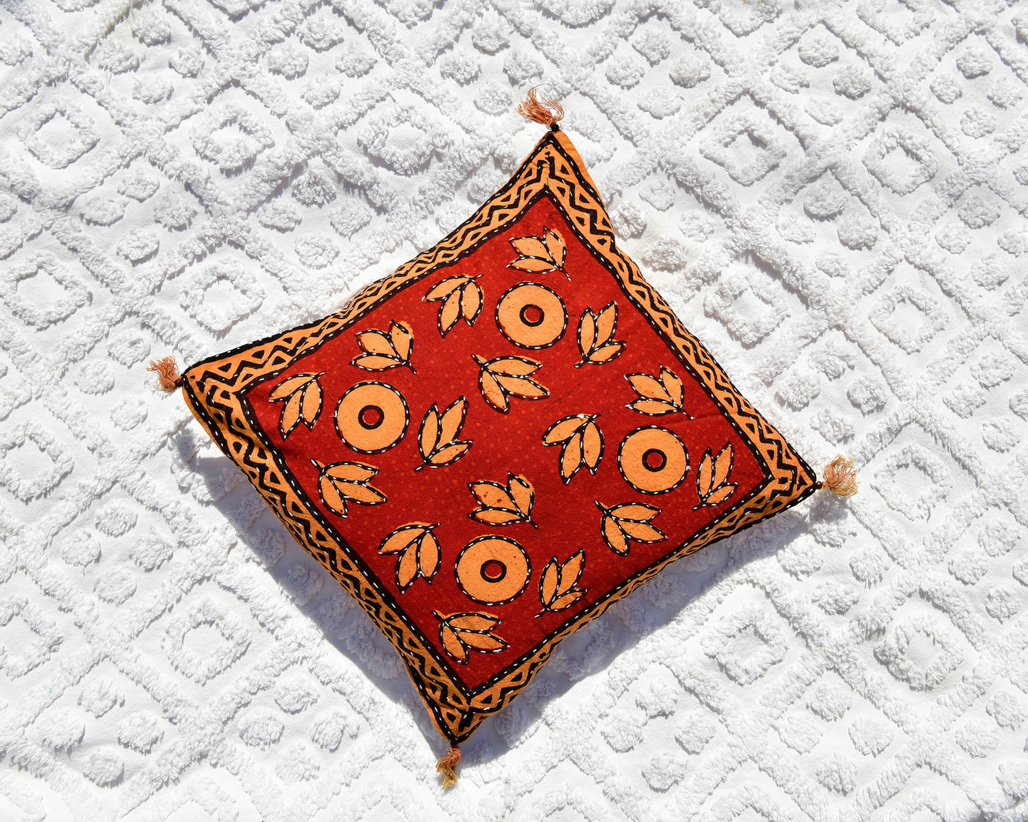 Indian Red Kantha Cushion Cover with Tassels