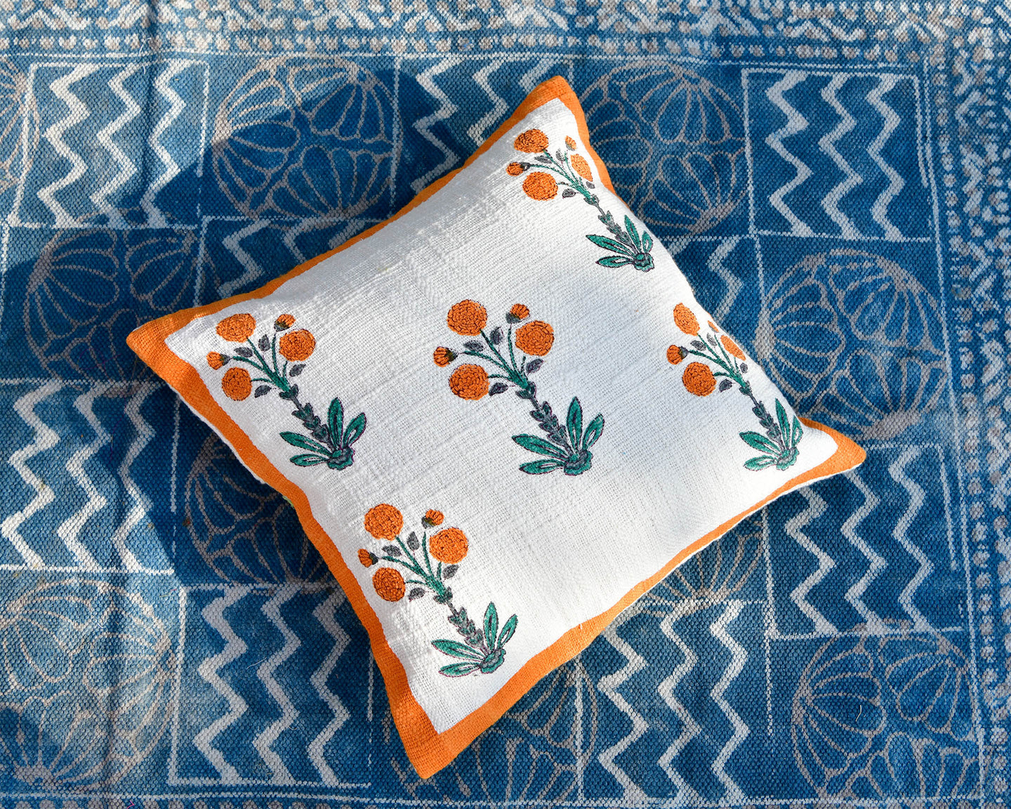 Textured Cotton Marigold Hand Block Printed Cushion Cover