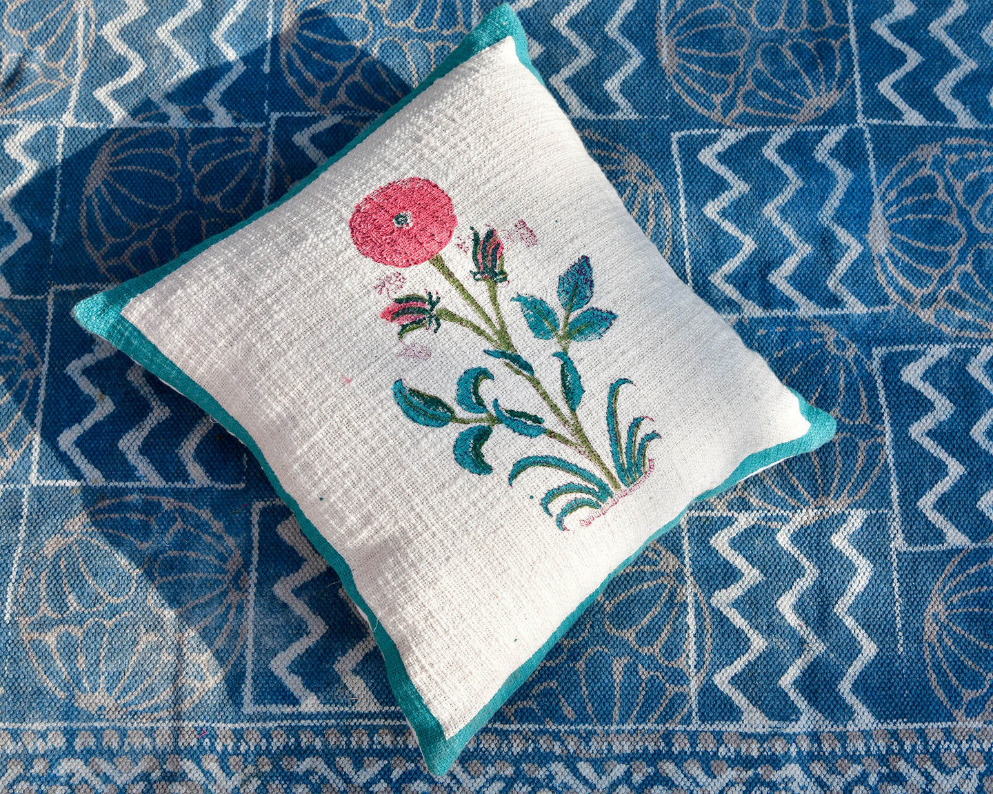 Textured Cotton Pink Marigold Hand Block Printed Cushion Cover