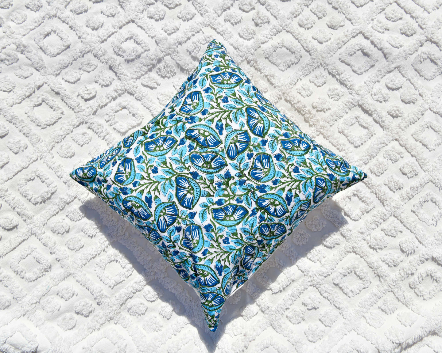 Blue Lotus Print Hand Block Printed Cushion Cover