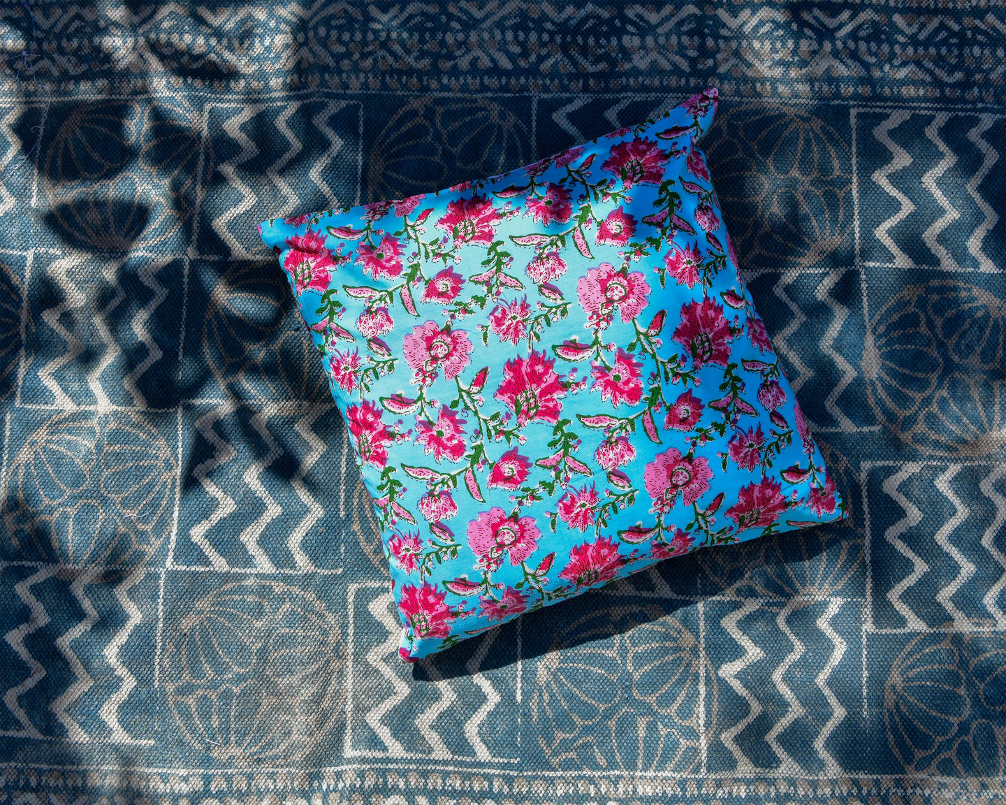 Sky Blue Hand Block Printed Cushion Cover