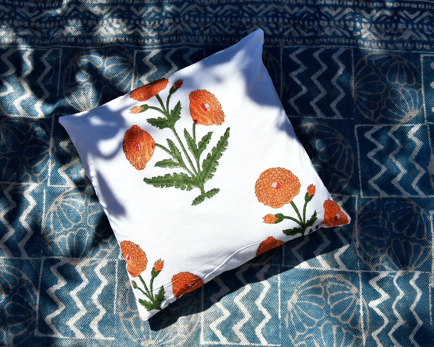 Orange Marigold Hand Block Printed Cushion Cover