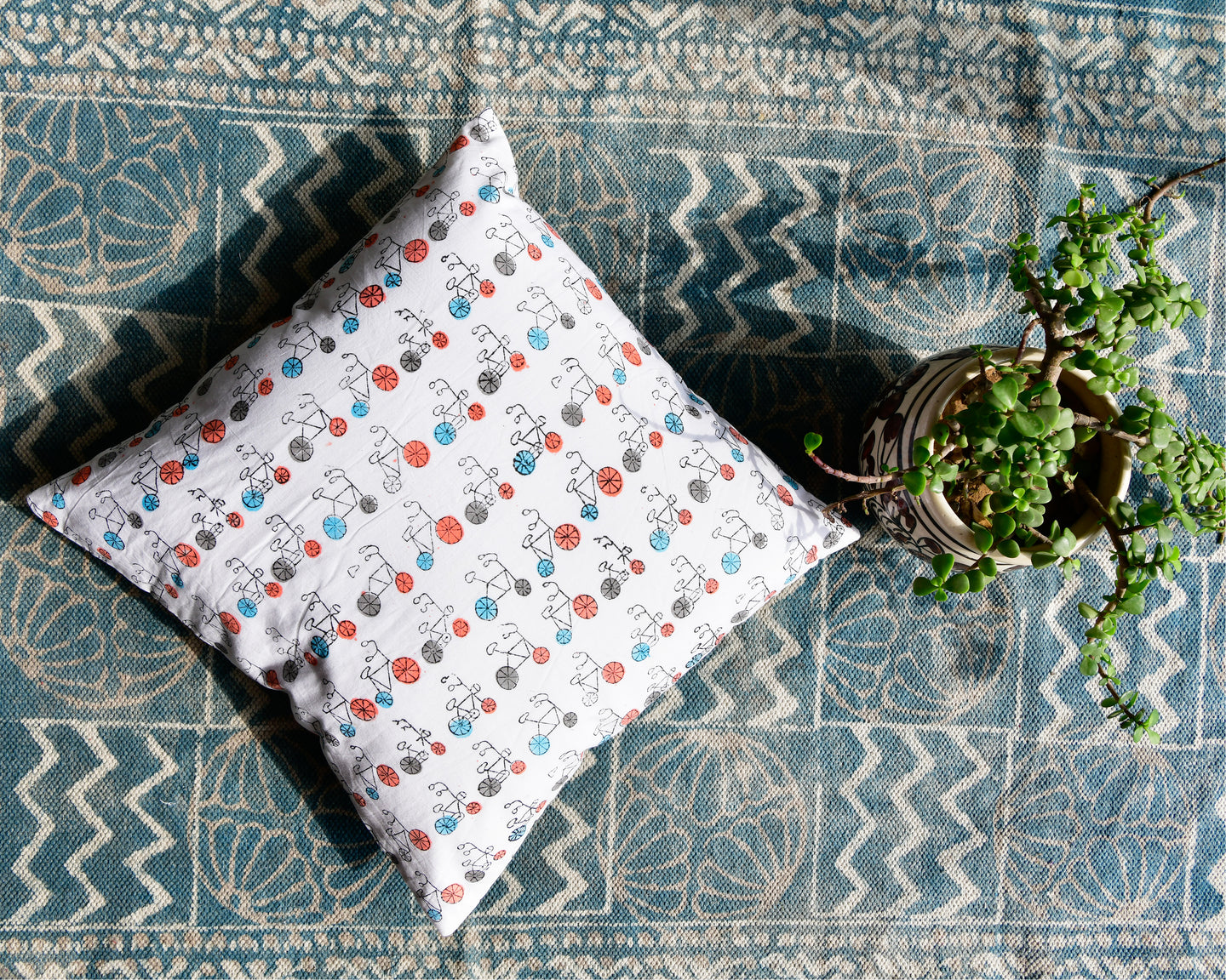 Bicycle Hand Block Printed Cushion Cover
