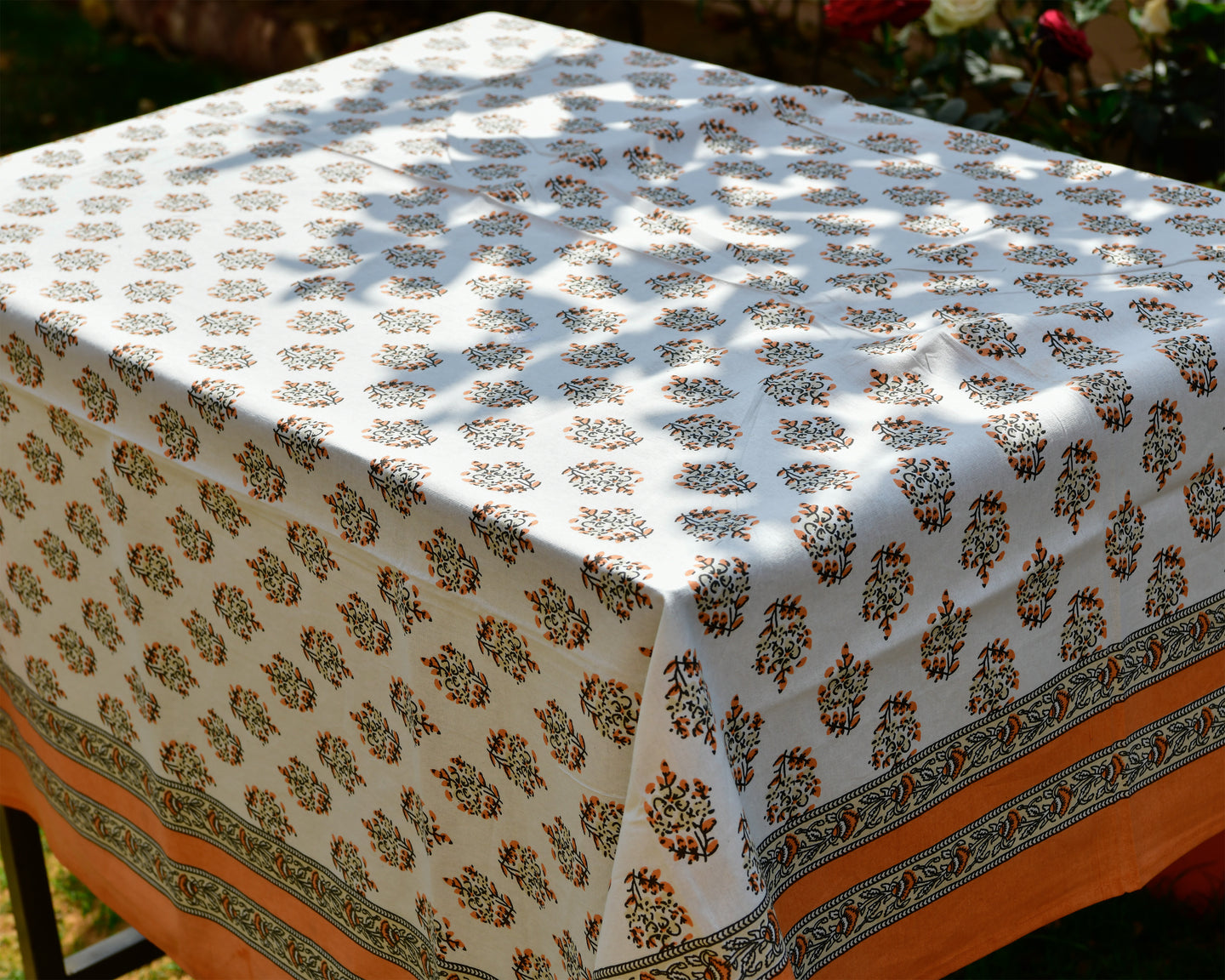 Orange Buta Printed Cotton Table Cover (6 Seater)