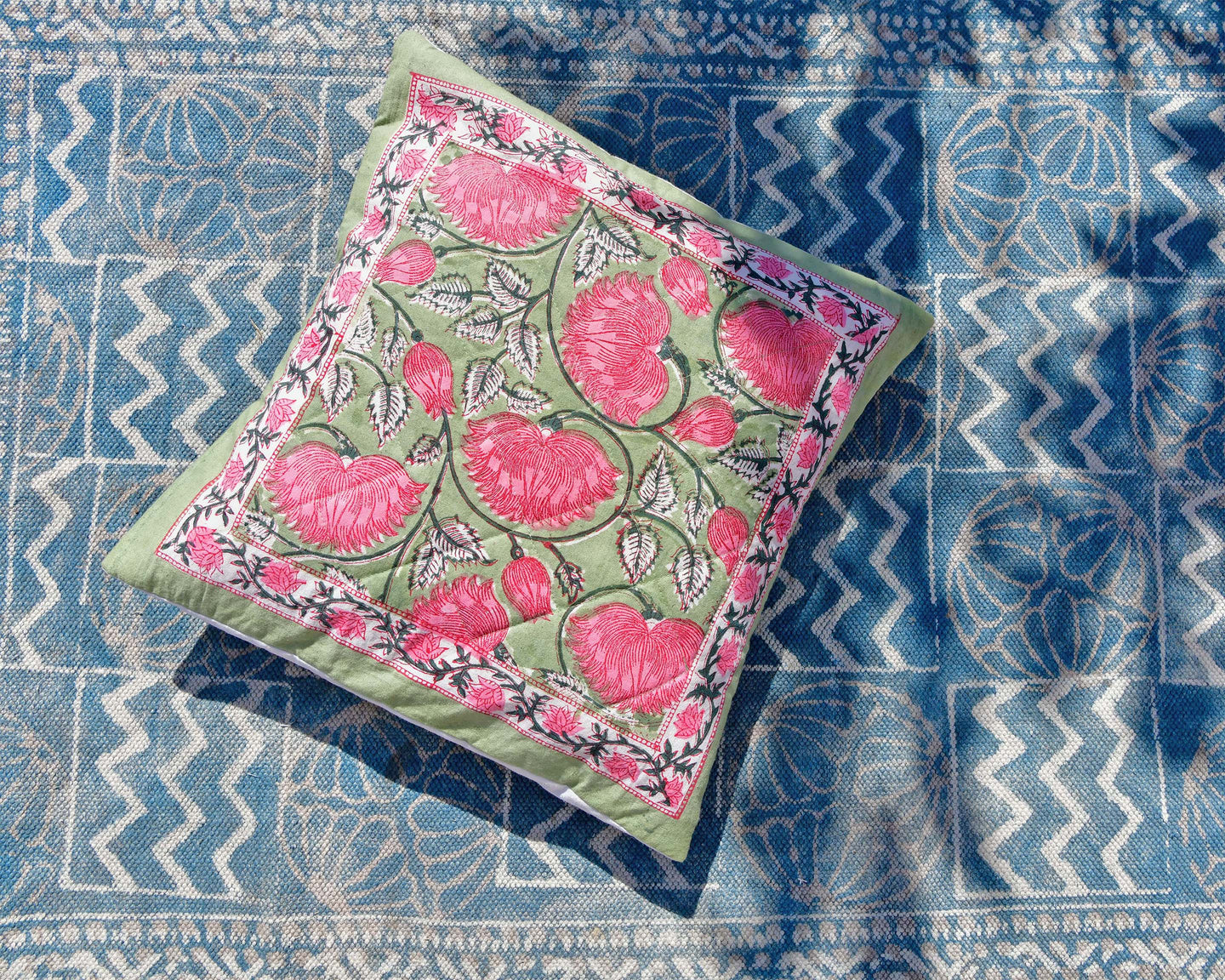 Lotus Hand Block Printed Quilted Cushion Cover