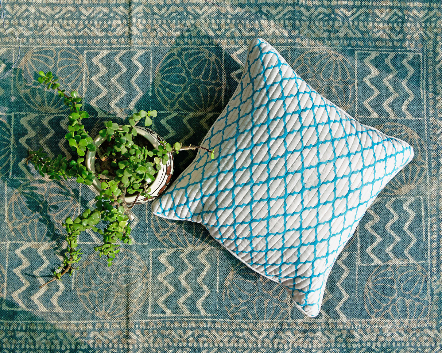 Blue Hand Block Printed Quilted Cushion Cover
