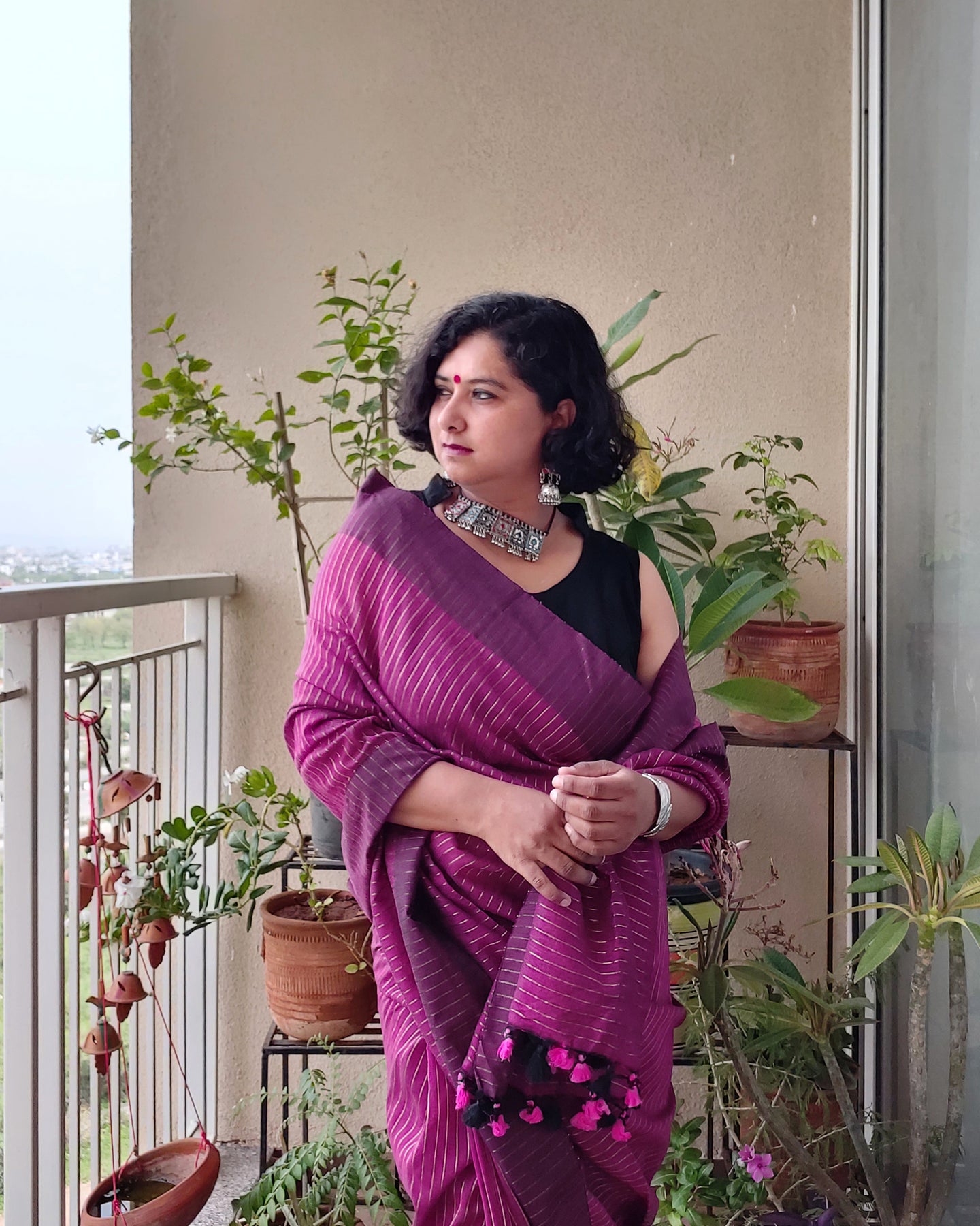 Purple Khadi-Cotton Zari Sari