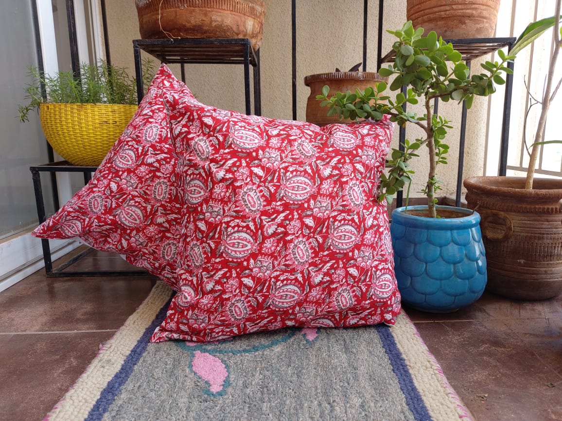 Red Hand Block Printed Cushion Cover