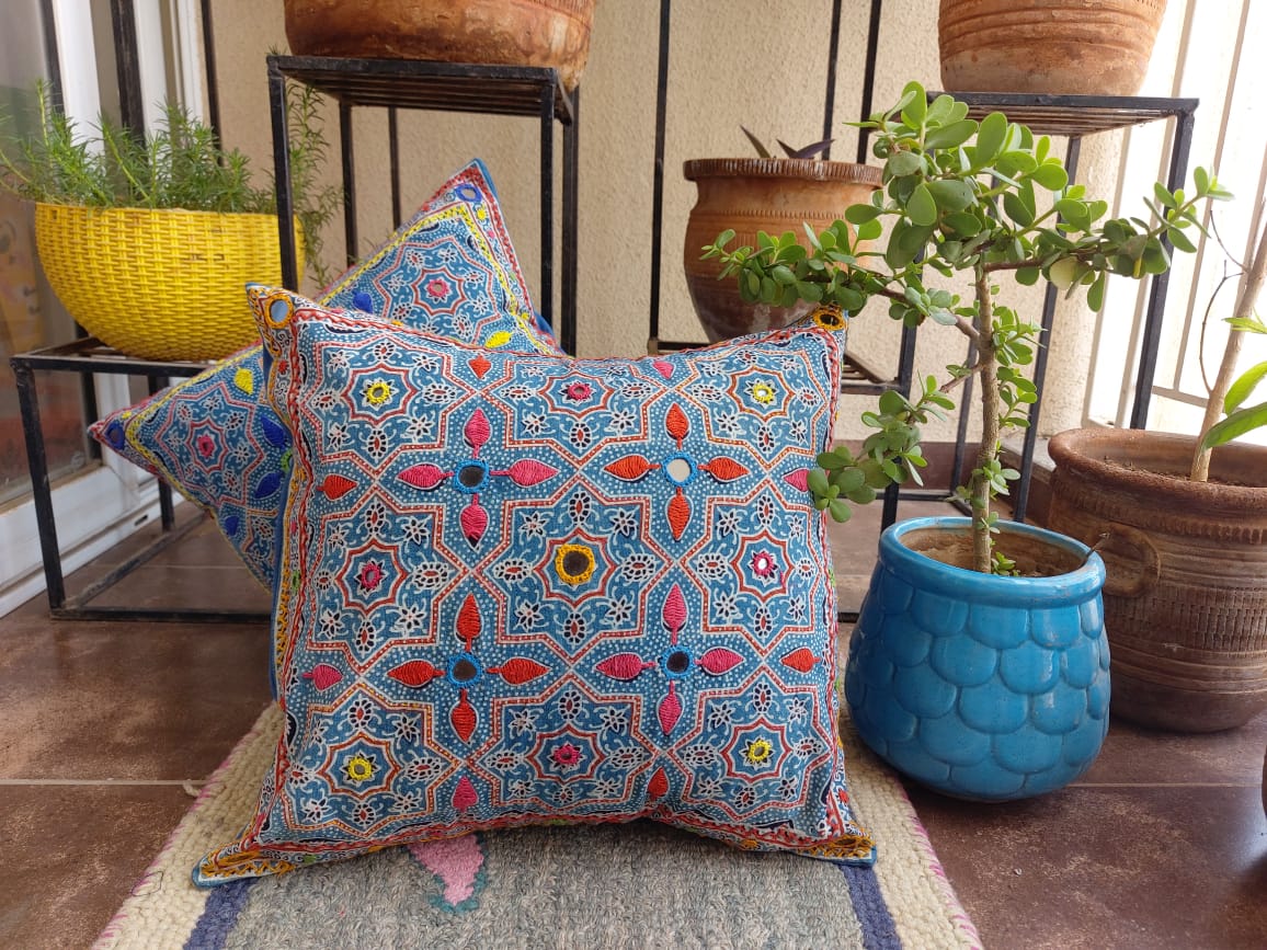 Handcrafted Ajrakh Cushion Covers with Mirror Embroidery