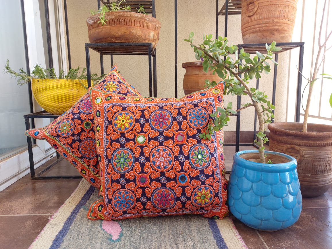 Handcrafted Ajrakh Cushion Covers with Mirror Embroidery