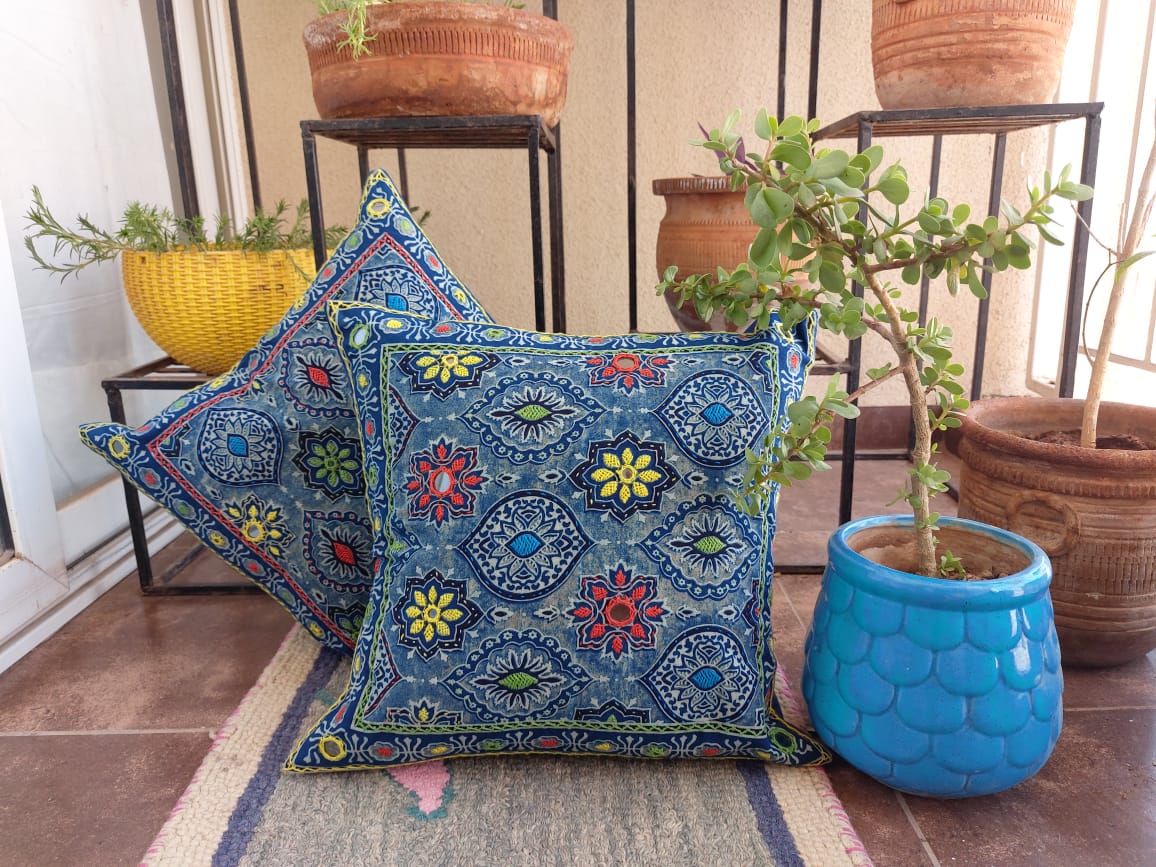 Handcrafted Ajrakh Cushion Covers with Mirror Embroidery